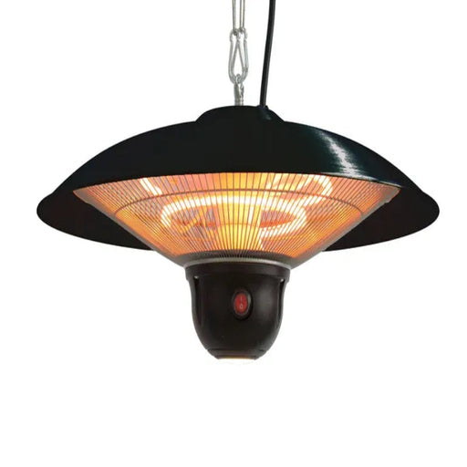 Black outdoor patio heater with glowing interior on a white background