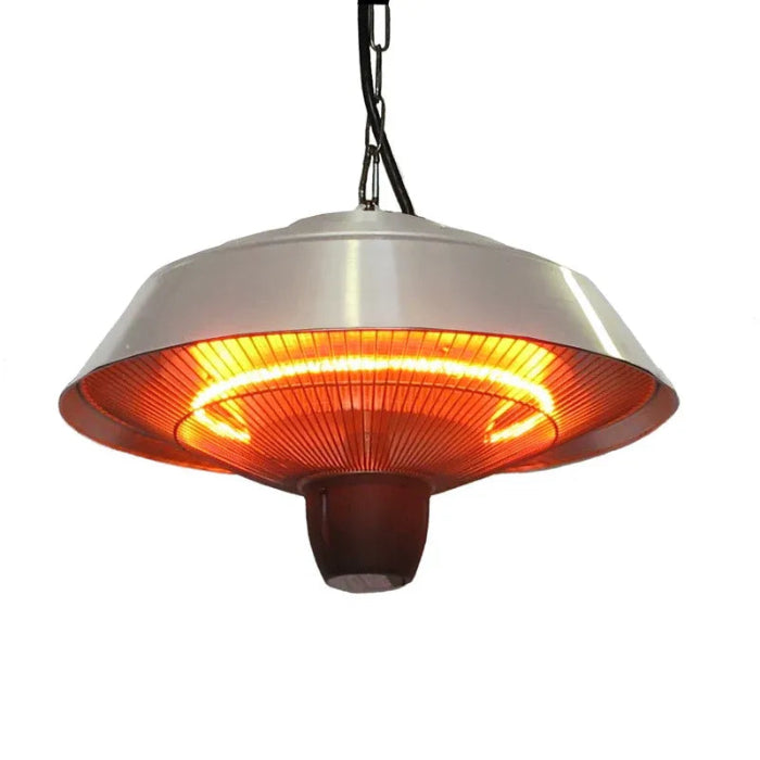 Hanging patio heater with glowing orange interior on a white background