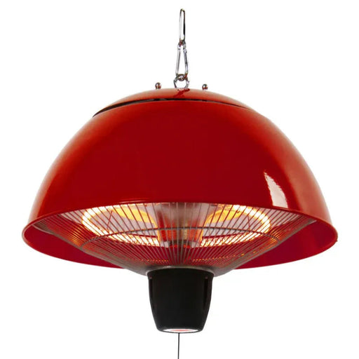 Red outdoor heater with a visible light inside on a white background