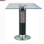 Outdoor patio heater with glass table top on a white background