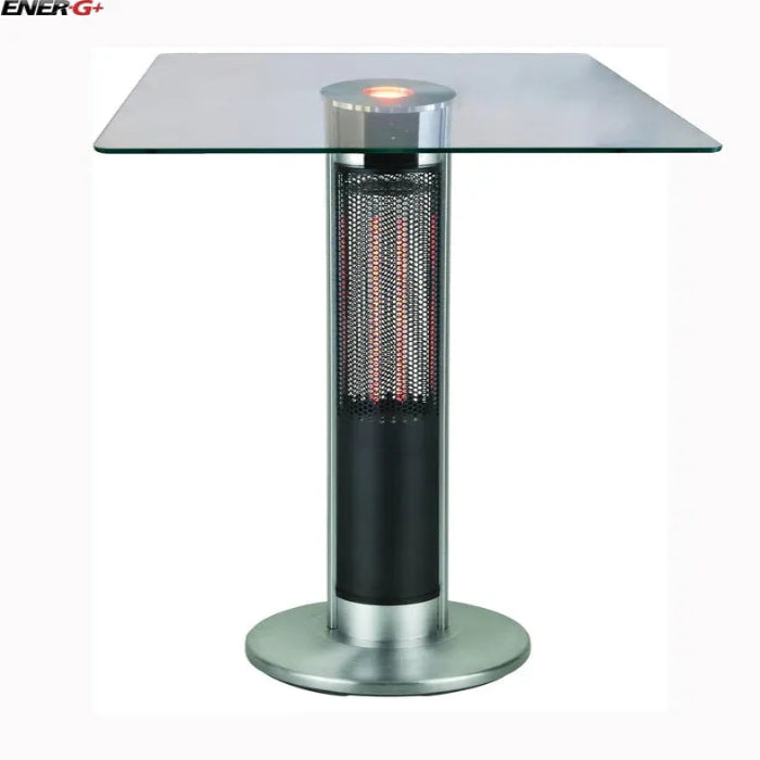 Outdoor patio heater with glass table top on a white background