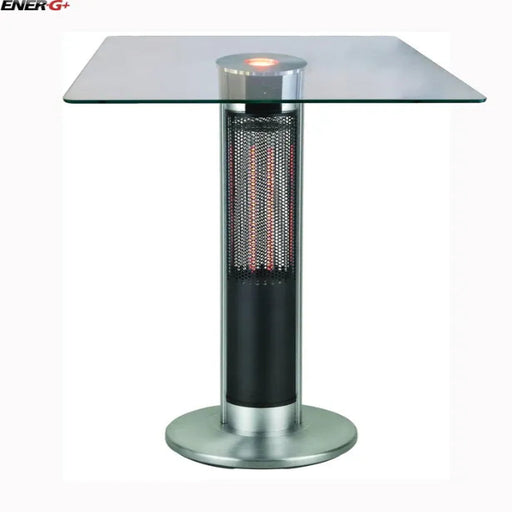 Outdoor patio heater with glass table top on a white background
