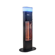 Tall black outdoor heater with glowing blue top on a white background