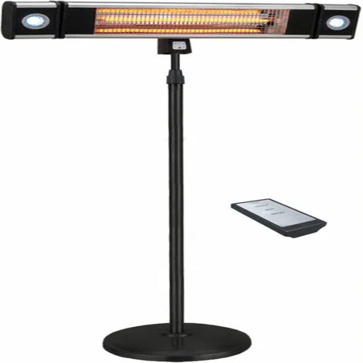 Black outdoor heater with remote control on a white background