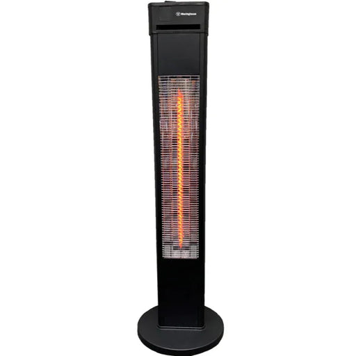 Black patio heater with glowing orange interior on a white background
