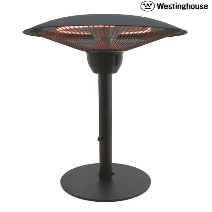 Black outdoor heater with Westinghouse logo on a white background