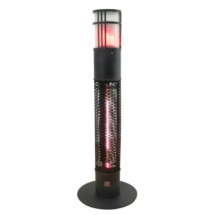 Tall outdoor patio heater with glowing red interior on a white background