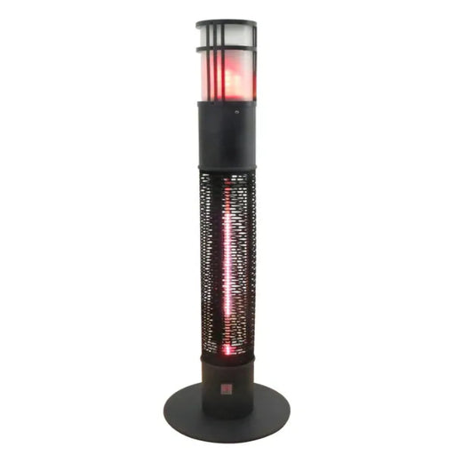 Tall outdoor patio heater with glowing red interior on a white background