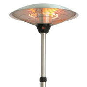Outdoor patio heater with a white shade on a white background