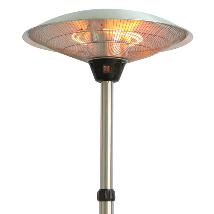 Outdoor patio heater with a white shade on a white background