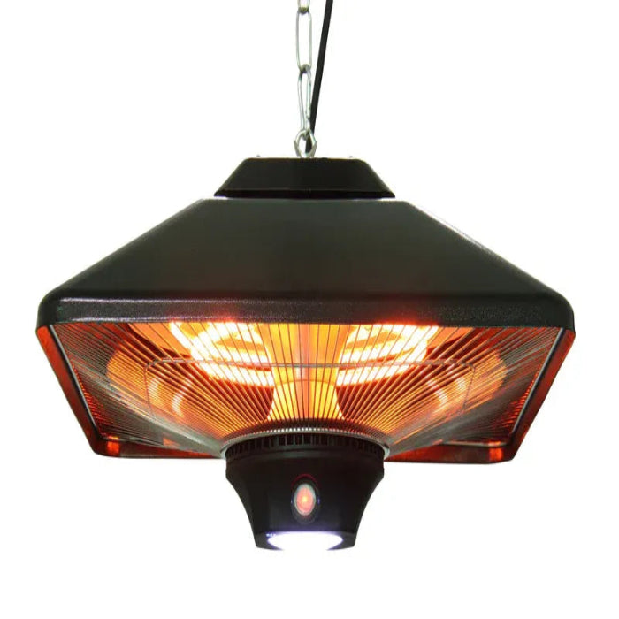 Hanging outdoor heater with glowing light on a white background