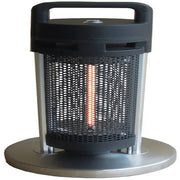 Portable electric heater with black mesh design on a white background