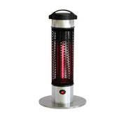 Portable electric heater with black top and silver base on a white background