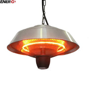 Hanging patio heater with glowing interior on a white background, featuring the EnerG+ brand.