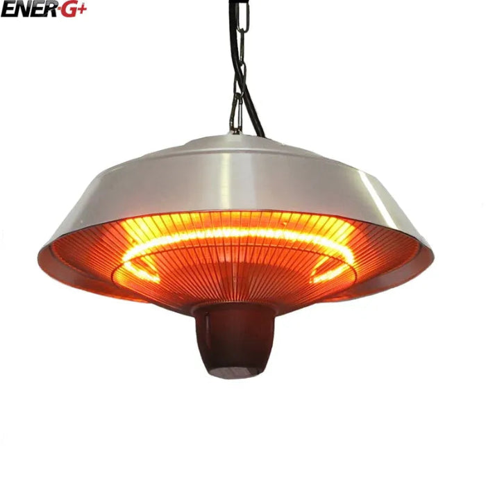 Hanging patio heater with glowing interior on a white background, featuring the EnerG+ brand.
