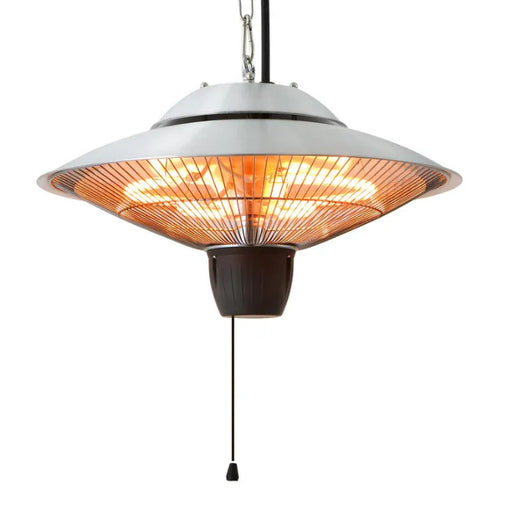 Hanging outdoor heater with glowing interior on a white background