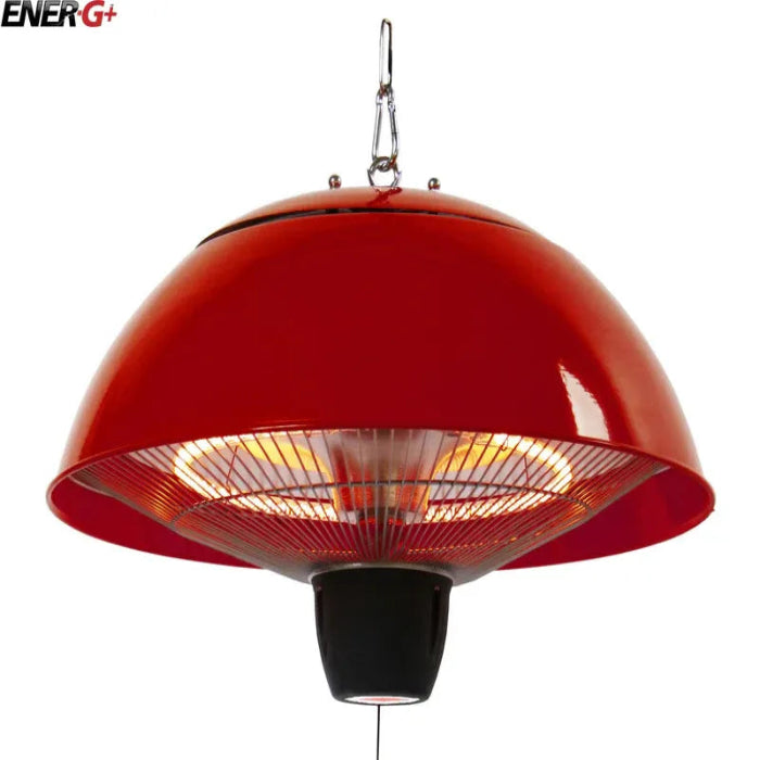 Red outdoor heater with visible brand 'ENERG+' on a white background