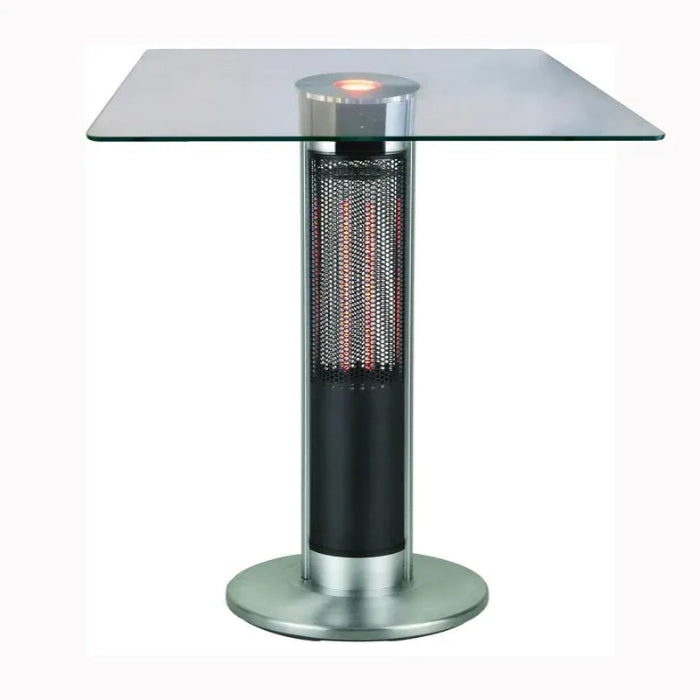 Glass-top table with a patio heater on a white background