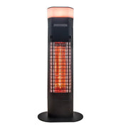Black patio heater with glowing interior on a white background