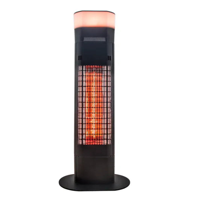 Black patio heater with glowing interior on a white background