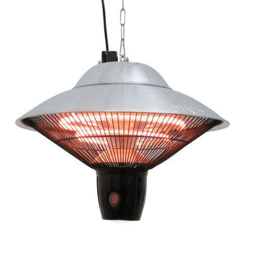 Hanging outdoor heater with glowing interior on a white background