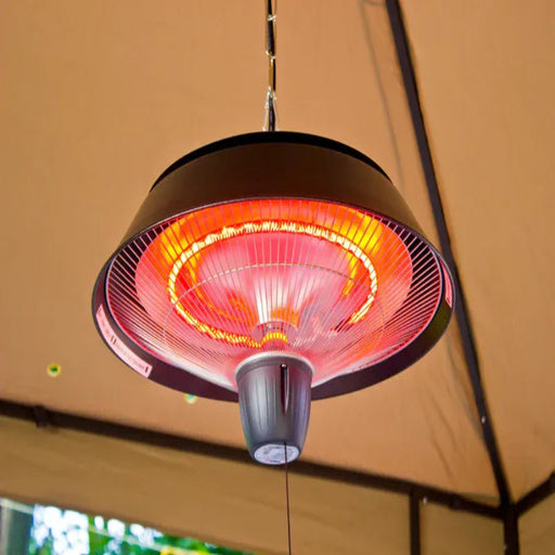 Infrared patio heater hanging from a ceiling