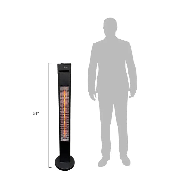Patio heater with a silhouette of a person for scale on a white background