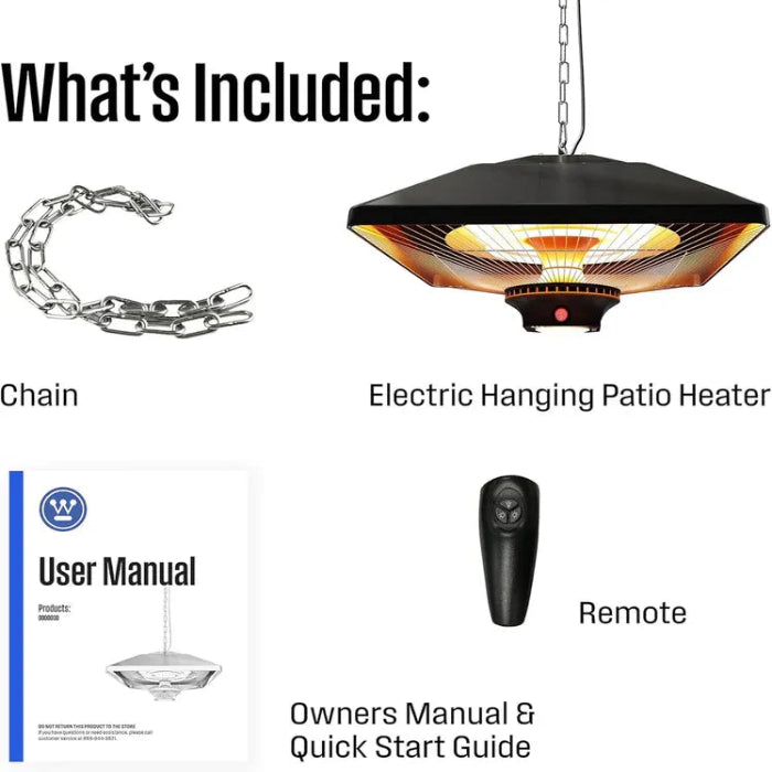 Electric hanging patio heater with chain, remote, user manual, and quick start guide on a white background.