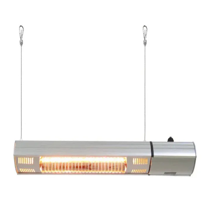 Outdoor hanging patio heater with visible light on a white background