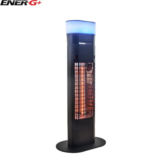 Tall outdoor patio heater with glowing interior on a white background, featuring the Ener-G+ brand.