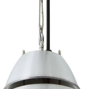 Pendant light with white shade and chrome chain on a white background
