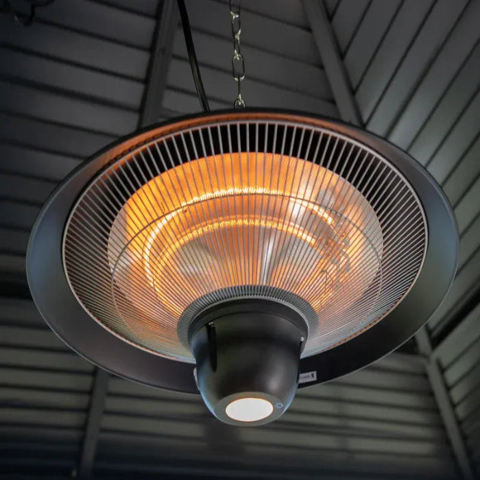 Ceiling-mounted patio heater with glowing interior