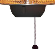 Ceiling-mounted outdoor heater with black base and visible wiring on a white background