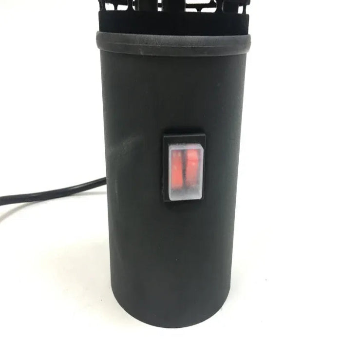 Black cylindrical device with a power switch on a white background