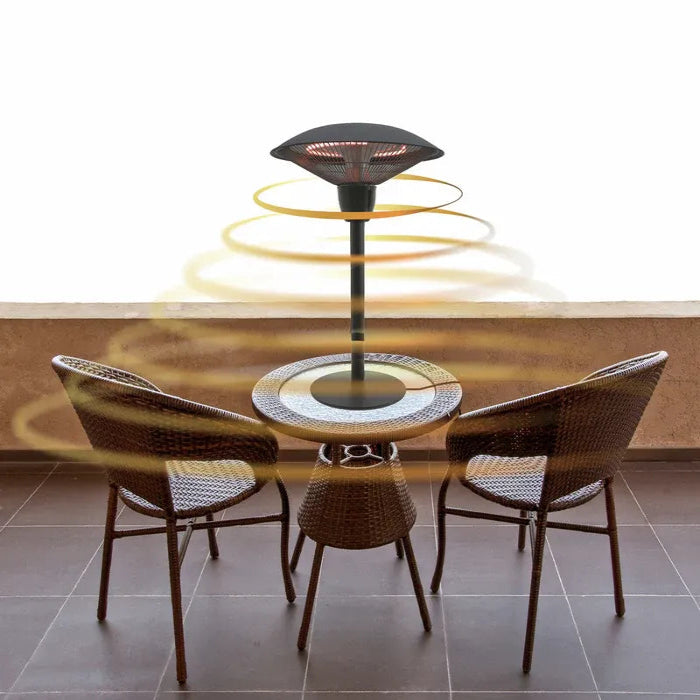 Outdoor patio heater on a table with chairs around it, set against a neutral background.