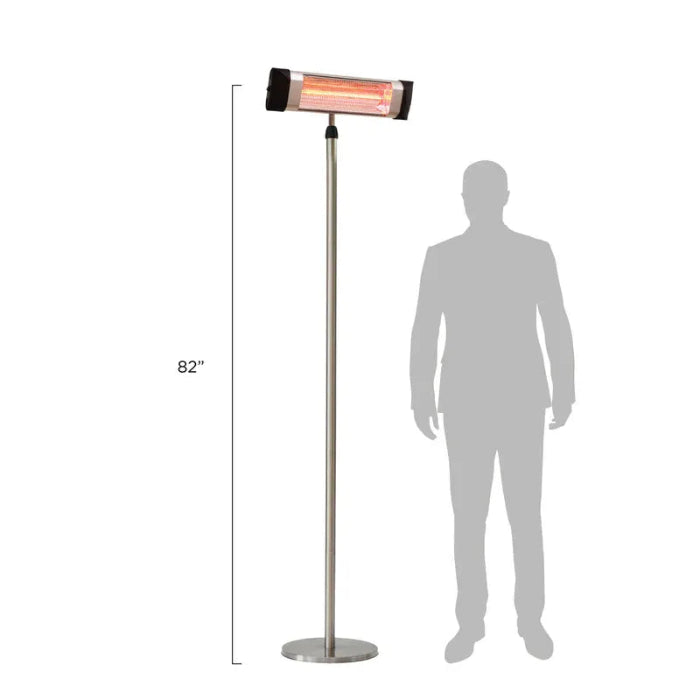 Infrared patio heater with height measurement against a white background