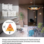 Hanging outdoor heater with installation guidelines in a patio setting