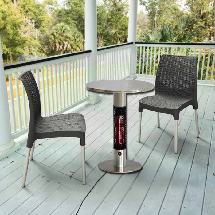 Outdoor patio table with two chairs on a deck, featuring a portable heater.