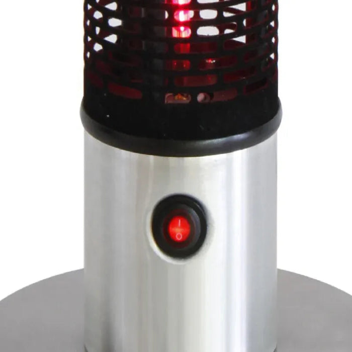 Metallic cylindrical object with red light on a white background