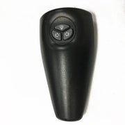Black remote control with button layout on a white background