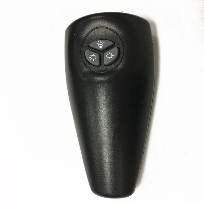 Black remote control with button layout on a white background
