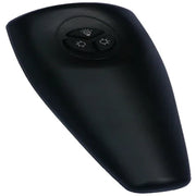 Black remote control with three buttons on a white background