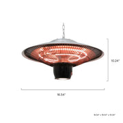 Outdoor patio heater with dimensions on a white background