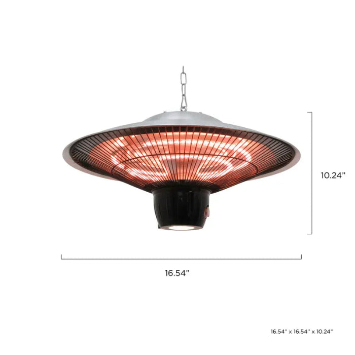 Outdoor patio heater with dimensions on a white background