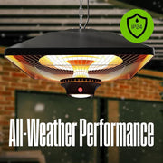 Outdoor patio heater with 'All-Weather Performance' text and IP24 rating icon.