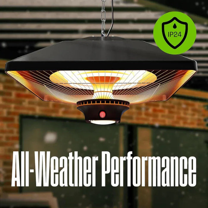 Outdoor patio heater with 'All-Weather Performance' text and IP24 rating icon.