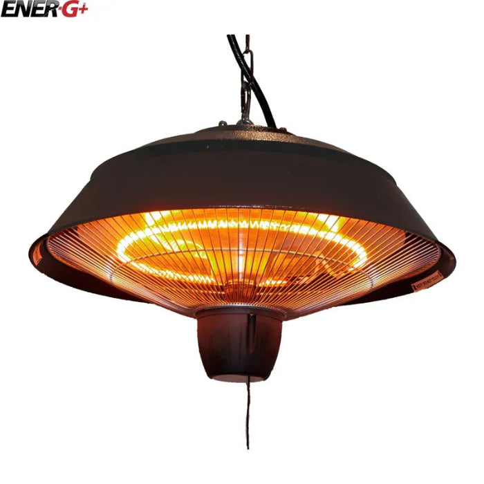 Hanging patio heater with glowing interior on a white background, featuring the EnerG+ brand.