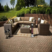 Outdoor patio set with a heater on a brick patio