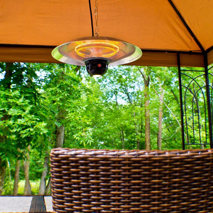 Outdoor patio heater hanging from a gazebo with trees in the background