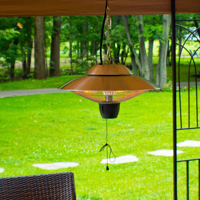Outdoor patio heater hanging from a ceiling in a garden setting
